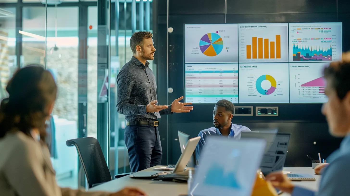 a polished office setting showcases a diverse team of professionals engaged in a dynamic strategy session, with vibrant charts and digital analytics displayed on screens, emphasizing the powerful impact of cancun seo services on business growth and brand visibility.