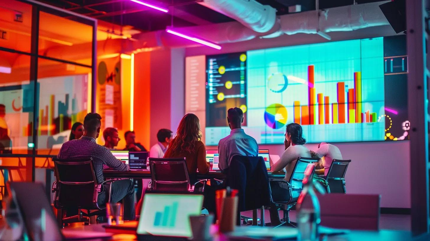 a vibrant, modern office in cancun, featuring a diverse team of seo experts engaged in a lively brainstorming session, with charts and digital screens displaying analytics and strategies to capture local market success.