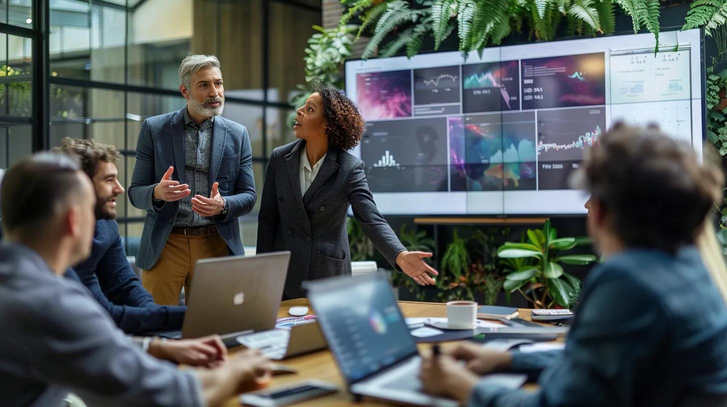a dynamic and modern office environment showcases a diverse team collaborating around a digital display, highlighting strategies for boosting brand visibility and ensuring impactful seo results.