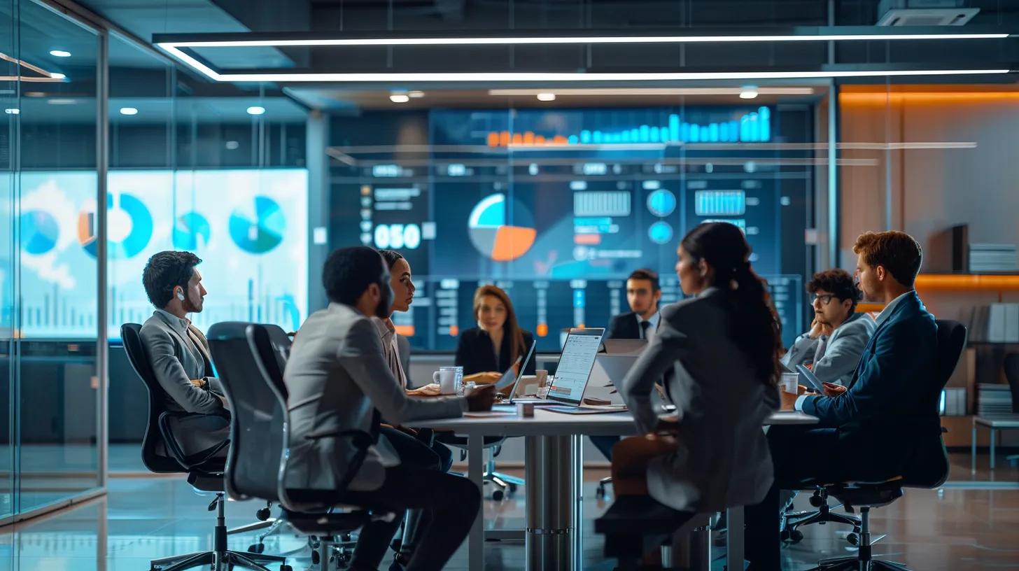 a dynamic office scene featuring a diverse team of professionals engaged in a discussion around a sleek conference table, surrounded by digital displays showcasing seo analytics and strategies, exuding an atmosphere of collaboration and innovation in the heart of cancun's bustling business district.