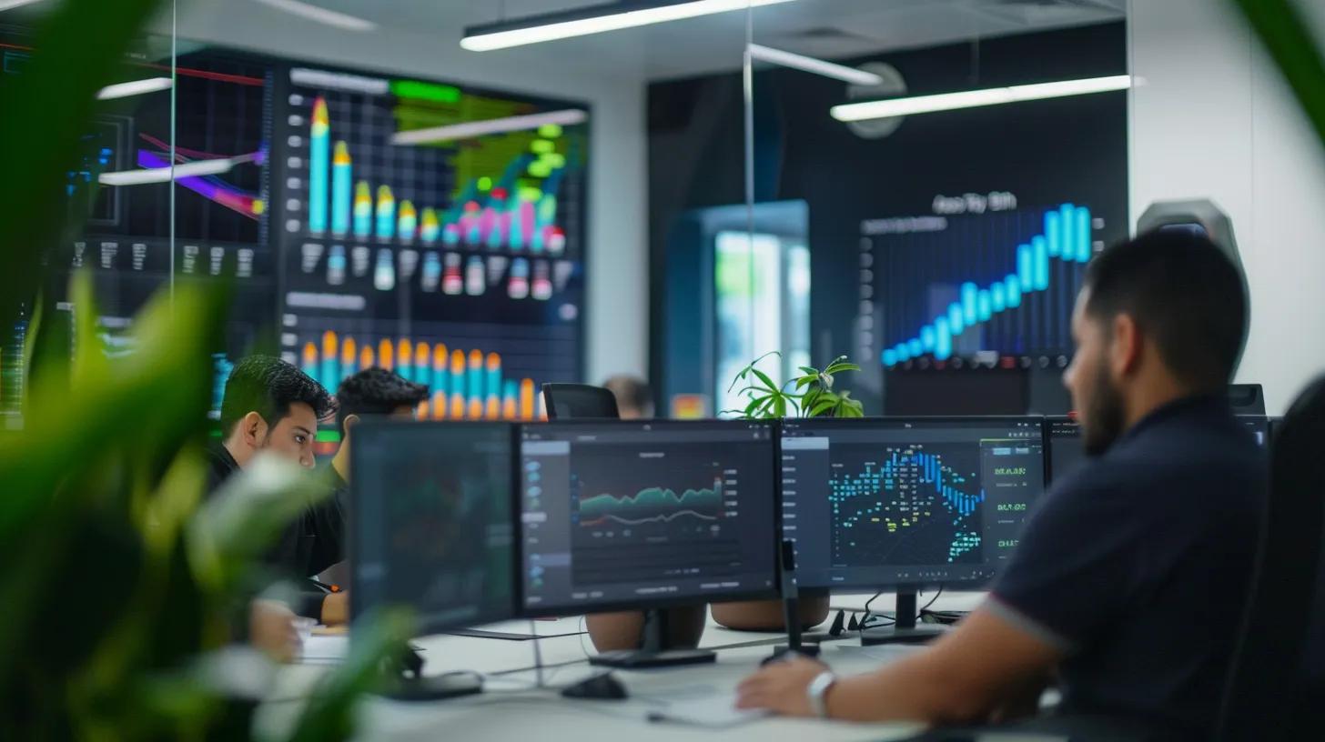 a modern cancun office bustling with professionals analyzing digital graphs and metrics on sleek screens, symbolizing the impactful growth and engagement that affordable seo services can bring to local businesses.