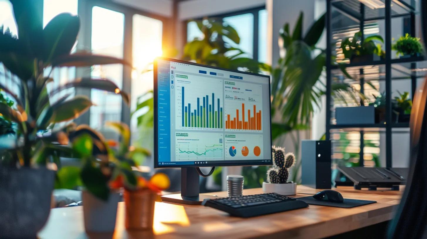 a modern office workspace in cancun featuring a sleek computer screen displaying vibrant seo analytics, with a stylish decor that reflects the city's unique culture.