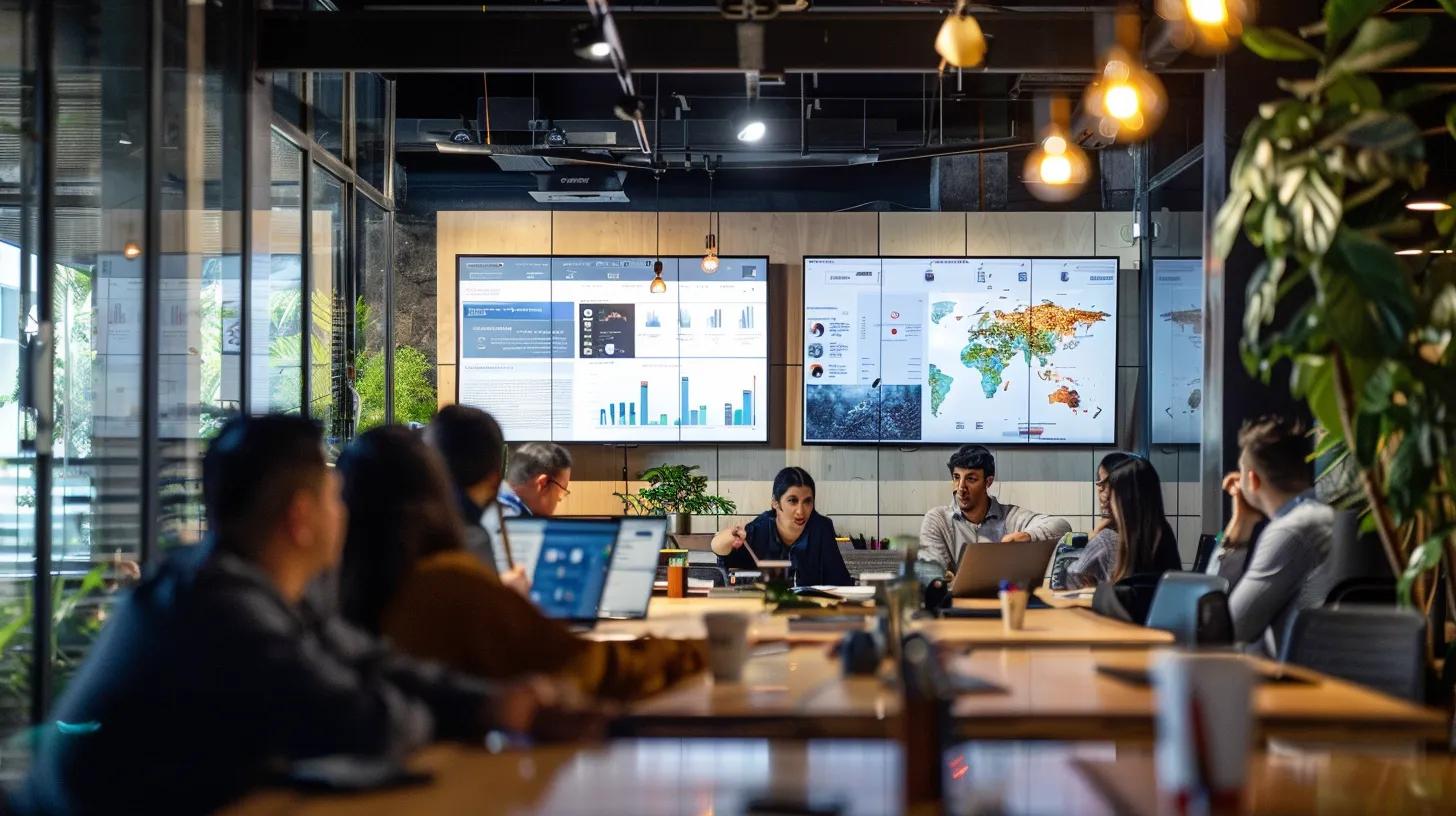 a sleek, modern office in cancun showcases a dynamic team engaged in a high-energy brainstorming session, surrounded by digital displays highlighting seo metrics and results, capturing the essence of innovative and result-oriented strategies.